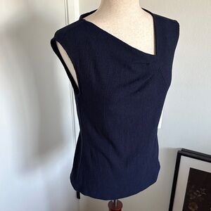 Textured Navy Asymmetric Sleeveless Blouse